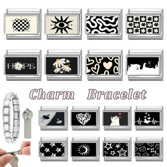 Image de 1 Pièce Bracelet à Maillons Breloques Italiens Accessories de Fabrication de Bracelets Bijoux DIY La Saint Valentin en 304 Acier Inoxydable Argent Mat Noir & Blanc Rectangle Cœur 10mm x 9mm