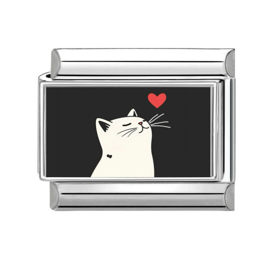 Image de 1 Pièce Bracelet à Maillons Breloques Italiens Accessories de Fabrication de Bracelets Bijoux DIY La Saint Valentin en 304 Acier Inoxydable Argent Mat Noir & Blanc Rectangle Chats 10mm x 9mm