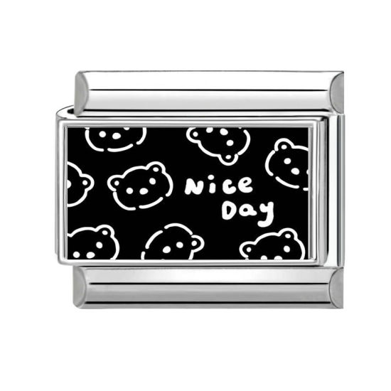 Image de 1 Pièce Bracelet à Maillons Breloques Italiens Accessories de Fabrication de Bracelets Bijoux DIY en 304 Acier Inoxydable Argent Mat Noir & Blanc Rectangle Ours Mots " Nice Day " 10mm x 9mm