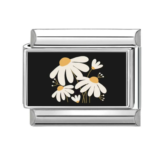 Image de 1 Pièce Bracelet à Maillons Breloques Italiens Accessories de Fabrication de Bracelets Bijoux DIY en 304 Acier Inoxydable Argent Mat Noir & Blanc Rectangle Fleurs 10mm x 9mm