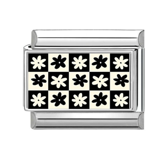 Image de 1 Pièce Bracelet à Maillons Breloques Italiens Accessories de Fabrication de Bracelets Bijoux DIY en 304 Acier Inoxydable Argent Mat Noir & Blanc Rectangle Fleurs 10mm x 9mm