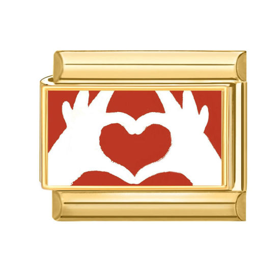 Picture of 1 Piece 304 Stainless Steel Valentine's Day Italian Charm Links For DIY Bracelet Jewelry Making Gold Plated Red Rectangle Heart 10mm x 9mm