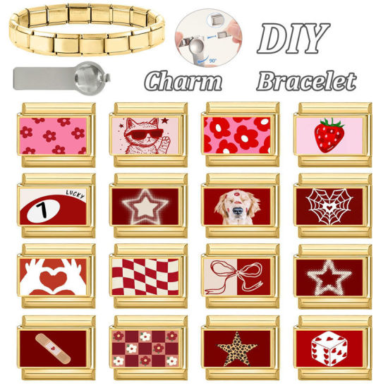 Picture of 1 Piece 304 Stainless Steel Valentine's Day Italian Charm Links For DIY Bracelet Jewelry Making Gold Plated Red Rectangle Heart 10mm x 9mm