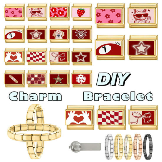 Picture of 1 Piece 304 Stainless Steel Valentine's Day Italian Charm Links For DIY Bracelet Jewelry Making Gold Plated Red Rectangle Heart 10mm x 9mm