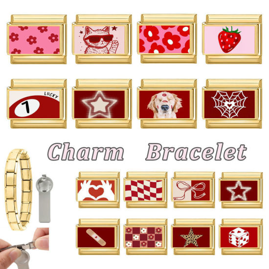 Picture of 1 Piece 304 Stainless Steel Valentine's Day Italian Charm Links For DIY Bracelet Jewelry Making Gold Plated Red Rectangle Heart 10mm x 9mm