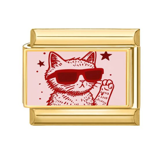 Picture of 1 Piece 304 Stainless Steel Italian Charm Links For DIY Bracelet Jewelry Making Gold Plated Red Rectangle Cat 10mm x 9mm