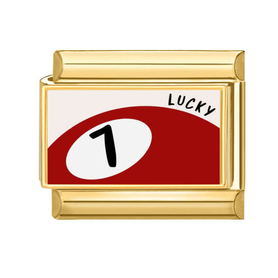 Picture of 1 Piece 304 Stainless Steel Italian Charm Links For DIY Bracelet Jewelry Making Gold Plated Red Rectangle No.7 Billiard Pool Ball Message " Lucky " 10mm x 9mm