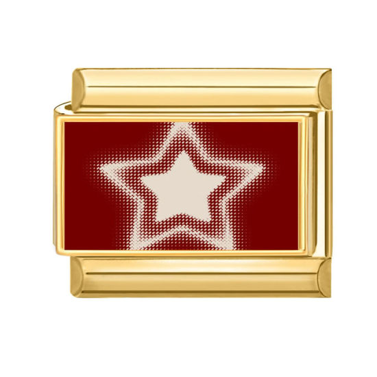 Picture of 1 Piece 304 Stainless Steel Italian Charm Links For DIY Bracelet Jewelry Making Gold Plated Red Rectangle Pentagram Star 10mm x 9mm