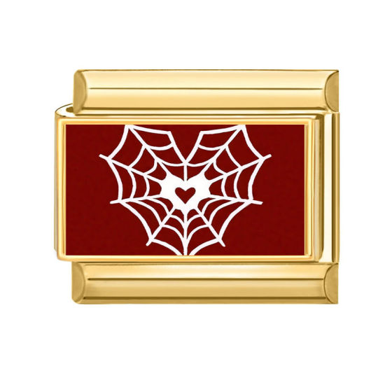 Picture of 1 Piece 304 Stainless Steel Italian Charm Links For DIY Bracelet Jewelry Making Gold Plated Red Rectangle Halloween Cobweb 10mm x 9mm