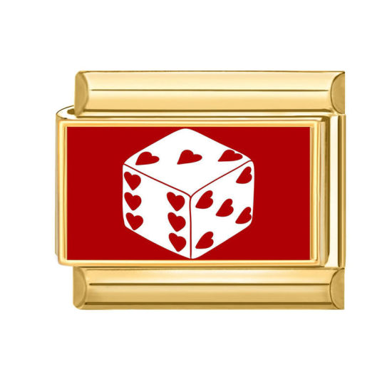 Picture of 1 Piece 304 Stainless Steel Valentine's Day Italian Charm Links For DIY Bracelet Jewelry Making Gold Plated Red Rectangle Dice 10mm x 9mm