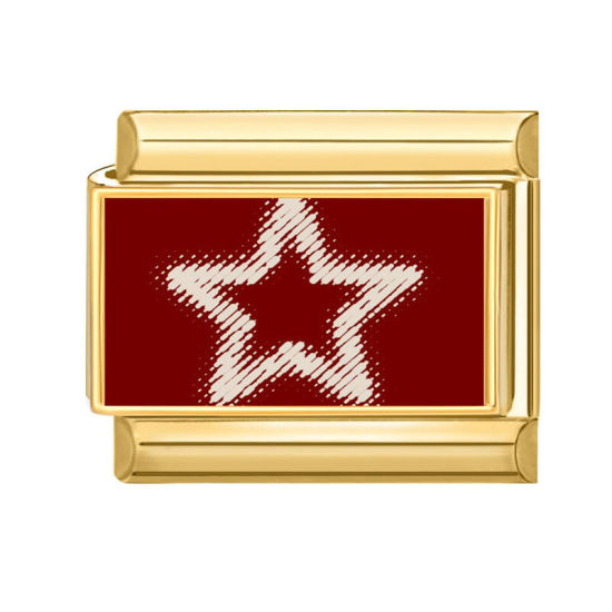 Picture of 1 Piece 304 Stainless Steel Italian Charm Links For DIY Bracelet Jewelry Making Gold Plated Red Rectangle Pentagram Star 10mm x 9mm