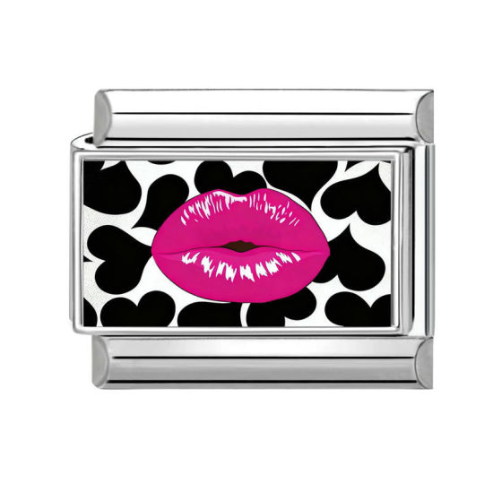 Imagen de 1 Unidad 304 Acero Inoxidable día de San Valentín Charm Pulsera de Eslabones Italianos para Hacer Joyas DIY Tono de Plata Fucsia Rectángulo Labio 10mm x 9mm