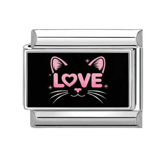 Imagen de 1 Unidad 304 Acero Inoxidable Charm Pulsera de Eslabones Italianos para Hacer Joyas DIY Tono de Plata Negro Rectángulo Gato Mensaje " Amor " 10mm x 9mm