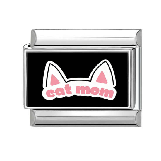 Imagen de 1 Unidad 304 Acero Inoxidable Charm Pulsera de Eslabones Italianos para Hacer Joyas DIY Tono de Plata Rectángulo Gato Mensaje " CAT MOM " 10mm x 9mm