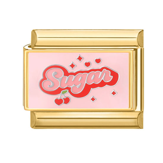 Immagine di 1 Pz 304 Acciaio Inossidabile Bracciale con Charm Italiano a Maglie, Creazione di Gioielli Fai-da-te All'Ingrosso Oro Placcato Rosa Rettangolo Messaggio " SUGAR " 10mm x 9mm