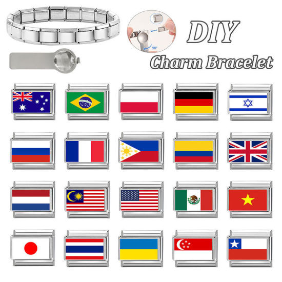 Imagen de 1 Unidad 304 Acero Inoxidable Charm Pulsera de Eslabones Italianos para Hacer Joyas DIY Al Por Mayor Tono de Plata Rectángulo Bandera de Union Jack 10mm x 9mm