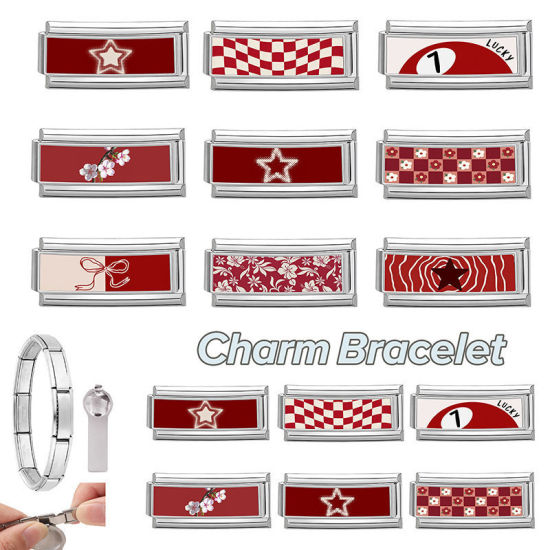 Image de 1 Pièce Bracelet à Maillons Breloques Italiens Accessories de Fabrication de Bracelets Bijoux DIY En Gros en 304 Acier Inoxydable Argent Mat Rouge Rectangle Nœuds Papillons 20mm x 9mm