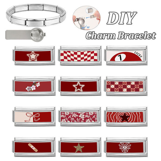 Image de 1 Pièce Bracelet à Maillons Breloques Italiens Accessories de Fabrication de Bracelets Bijoux DIY En Gros en 304 Acier Inoxydable Argent Mat Rouge Rectangle Nœuds Papillons 20mm x 9mm