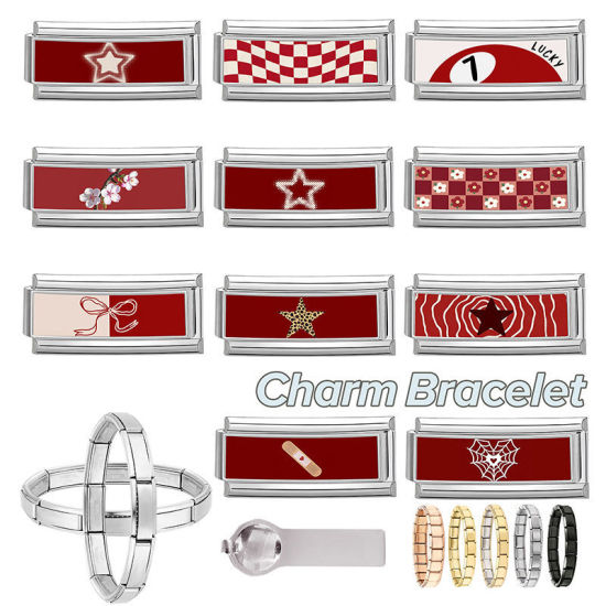 Image de 1 Pièce Bracelet à Maillons Breloques Italiens Accessories de Fabrication de Bracelets Bijoux DIY En Gros en 304 Acier Inoxydable Argent Mat Rouge Rectangle Nœuds Papillons 20mm x 9mm