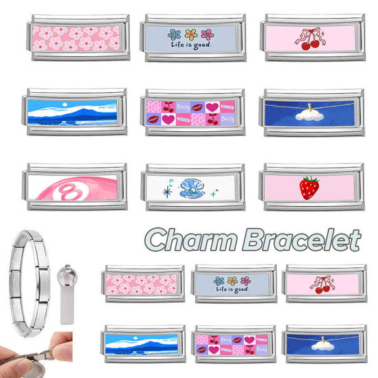 1 個 304ステンレス鋼 ペンダント チャーム イタリアンリンク ブレスレット作り DIY ハンドメイド ジュエリーアクセサリー 卸売り シルバートーン 薄ピンク 長方形 苺 20mmx 9mm、 の画像