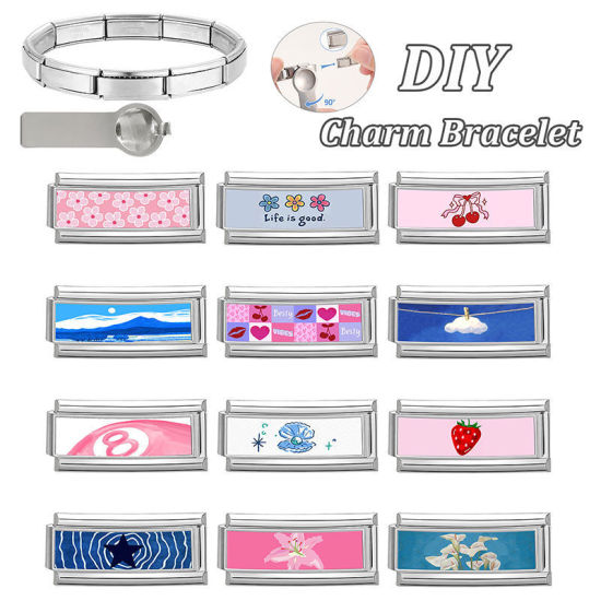 1 個 304ステンレス鋼 ペンダント チャーム イタリアンリンク ブレスレット作り DIY ハンドメイド ジュエリーアクセサリー 卸売り シルバートーン 薄ピンク 長方形 苺 20mmx 9mm、 の画像