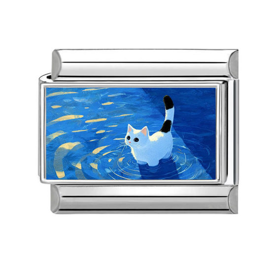 Imagen de 1 Unidad 304 Acero Inoxidable Charm Pulsera de Eslabones Italianos para Hacer Joyas DIY Al Por Mayor Tono de Plata Azul Rectángulo Gato 10mm x 9mm