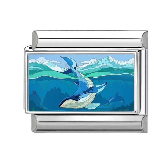 Imagen de 1 Unidad 304 Acero Inoxidable Charm Pulsera de Eslabones Italianos para Hacer Joyas DIY Al Por Mayor Tono de Plata Azul Rectángulo Ballena 10mm x 9mm