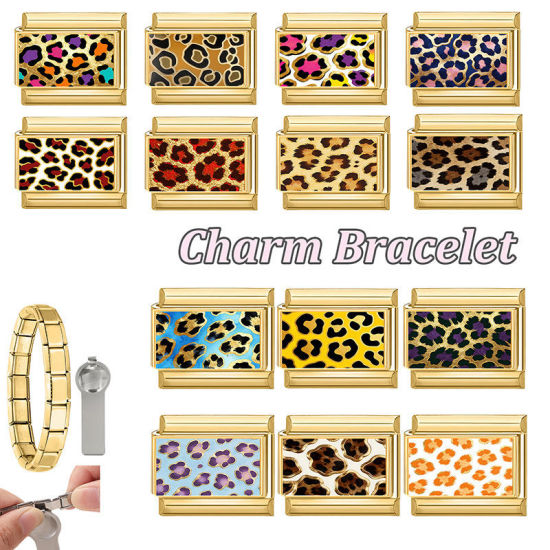 Bild von 1 Stück 304 Edelstahl Charm-Armband mit italienischen Gliedern zur Herstellung von DIY-Schmuck Großhandel Vergoldet Braun Rechteck Leopard 10mm x 9mm
