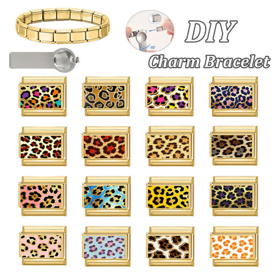 Bild von 1 Stück 304 Edelstahl Charm-Armband mit italienischen Gliedern zur Herstellung von DIY-Schmuck Großhandel Vergoldet Braun Rechteck Leopard 10mm x 9mm