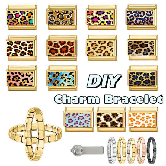 Bild von 1 Stück 304 Edelstahl Charm-Armband mit italienischen Gliedern zur Herstellung von DIY-Schmuck Großhandel Vergoldet Braun Rechteck Leopard 10mm x 9mm