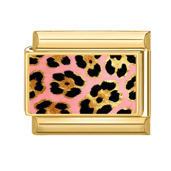 Bild von 1 Stück 304 Edelstahl Charm-Armband mit italienischen Gliedern zur Herstellung von DIY-Schmuck Großhandel Vergoldet Rosa Rechteck Leopard 10mm x 9mm
