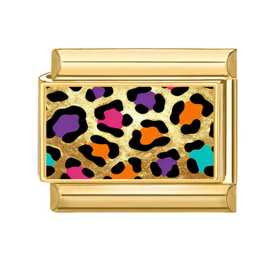 Bild von 1 Stück 304 Edelstahl Charm-Armband mit italienischen Gliedern zur Herstellung von DIY-Schmuck Großhandel Vergoldet Bunt Rechteck Leopard 10mm x 9mm
