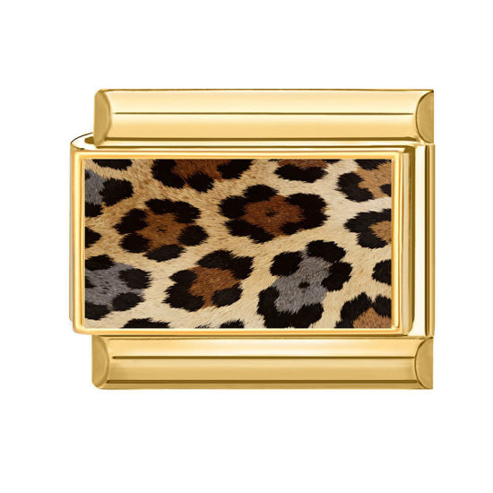 Bild von 1 Stück 304 Edelstahl Charm-Armband mit italienischen Gliedern zur Herstellung von DIY-Schmuck Großhandel Vergoldet Braun Rechteck Leopard 10mm x 9mm