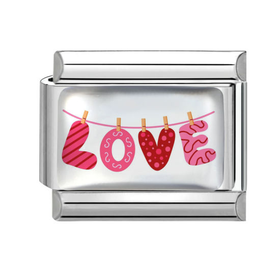 Imagen de 1 Unidad 304 Acero Inoxidable día de San Valentín Charm Pulsera de Eslabones Italianos para Hacer Joyas DIY Al Por Mayor Tono de Plata Rojo Rectángulo Mensaje " Amor " 10mm x 9mm