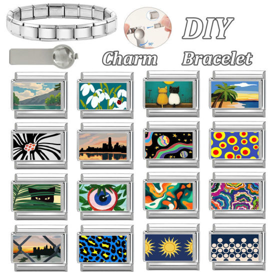 Image de 1 Pièce Bracelet à Maillons Breloques Italiens Accessories de Fabrication de Bracelets Bijoux DIY En Gros en 304 Acier Inoxydable Argent Mat Multicolore Rectangle Chats 10mm x 9mm
