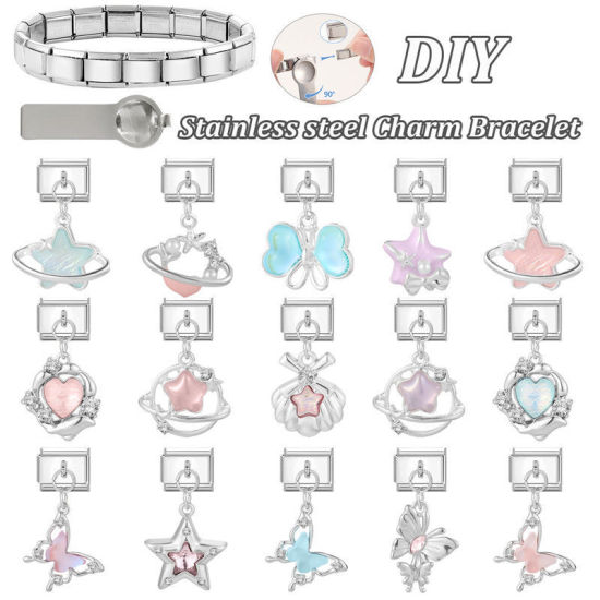 Image de 1 Pièce Bracelet à Maillons Breloques Italiens Accessories de Fabrication de Bracelets Bijoux DIY En Gros en 304 Acier Inoxydable Argent Mat Bleu Lac Rectangle Pentacle 10mm x 9mm