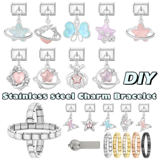 Image de 1 Pièce Bracelet à Maillons Breloques Italiens Accessories de Fabrication de Bracelets Bijoux DIY En Gros en 304 Acier Inoxydable Argent Mat Bleu Lac Rectangle Pentacle 10mm x 9mm