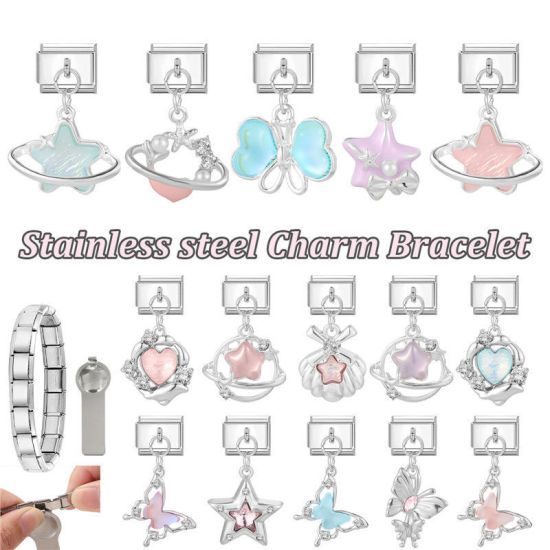 Image de 1 Pièce Bracelet à Maillons Breloques Italiens Accessories de Fabrication de Bracelets Bijoux DIY En Gros en 304 Acier Inoxydable Argent Mat Bleu Lac Rectangle Pentacle 10mm x 9mm