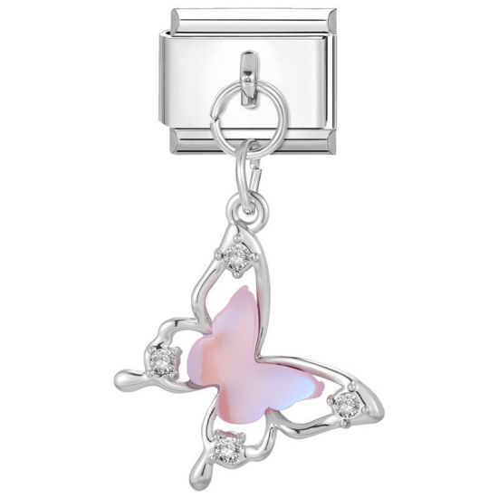 Image de 1 Pièce Bracelet à Maillons Breloques Italiens Accessories de Fabrication de Bracelets Bijoux DIY En Gros en 304 Acier Inoxydable Argent Mat Rose Rectangle Papillons 10mm x 9mm