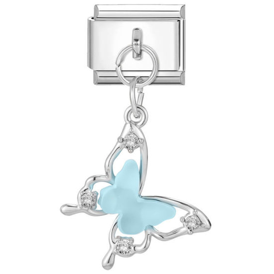 Image de 1 Pièce Bracelet à Maillons Breloques Italiens Accessories de Fabrication de Bracelets Bijoux DIY En Gros en 304 Acier Inoxydable Argent Mat Bleu Ciel Rectangle Papillons 10mm x 9mm