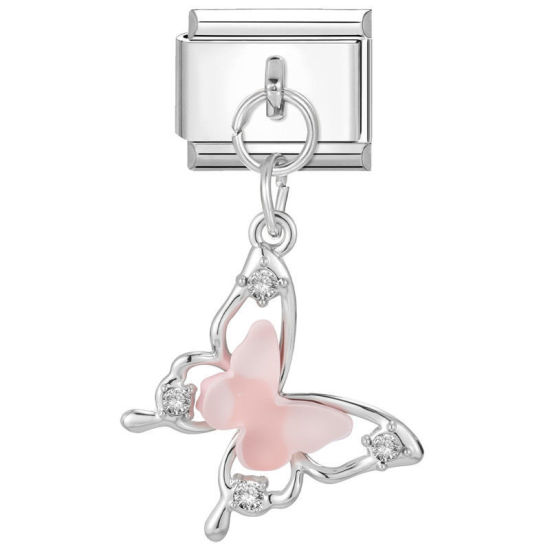 Image de 1 Pièce Bracelet à Maillons Breloques Italiens Accessories de Fabrication de Bracelets Bijoux DIY En Gros en 304 Acier Inoxydable Argent Mat Rose Rectangle Papillons 10mm x 9mm