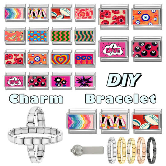 Bild von 1 Stück 304 Edelstahl Charm-Armband mit italienischen Gliedern zur Herstellung von DIY-Schmuck Großhandel Silberfarbe Schwarz Rechteck Nr. 8 Billardkugel 10mm x 9mm