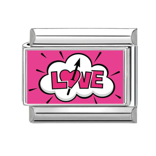 Bild von 1 Stück 304 Edelstahl Charm-Armband mit italienischen Gliedern zur Herstellung von DIY-Schmuck Großhandel Silberfarbe Fuchsie Rechteck Message " LOVE " 10mm x 9mm