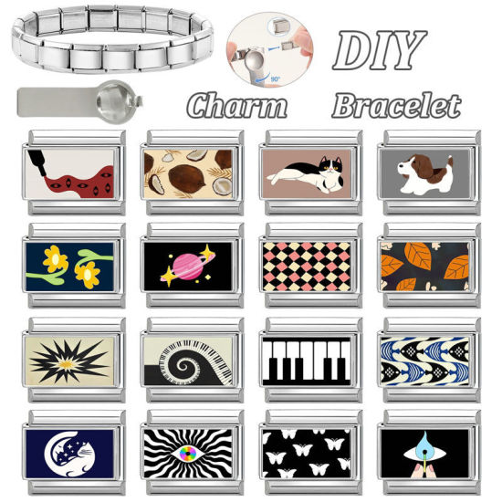 Bild von 1 Stück 304 Edelstahl Charm-Armband mit italienischen Gliedern zur Herstellung von DIY-Schmuck Großhandel Silberfarbe Dunkelblau Rechteck Mond 10mm x 9mm