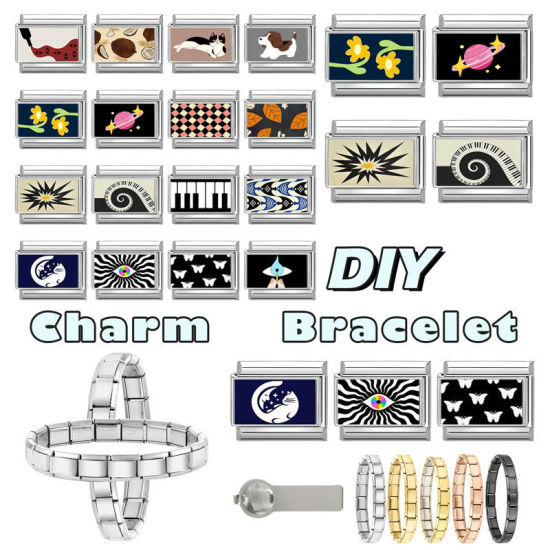 Bild von 1 Stück 304 Edelstahl Charm-Armband mit italienischen Gliedern zur Herstellung von DIY-Schmuck Großhandel Silberfarbe Dunkelblau Rechteck Mond 10mm x 9mm