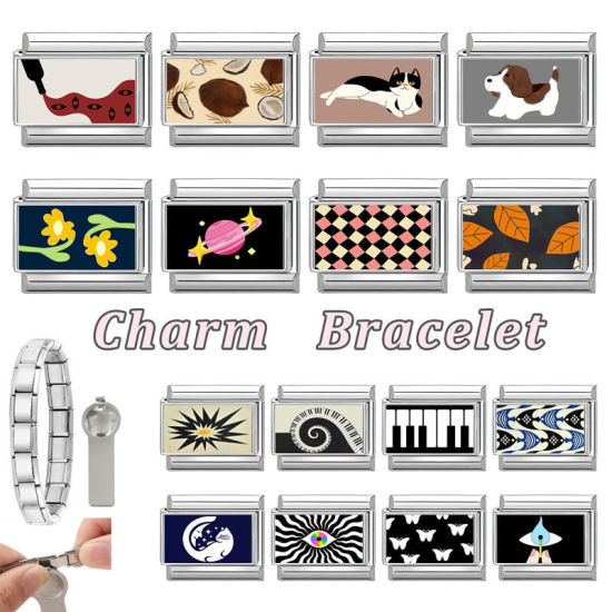Bild von 1 Stück 304 Edelstahl Charm-Armband mit italienischen Gliedern zur Herstellung von DIY-Schmuck Großhandel Silberfarbe Dunkelblau Rechteck Mond 10mm x 9mm
