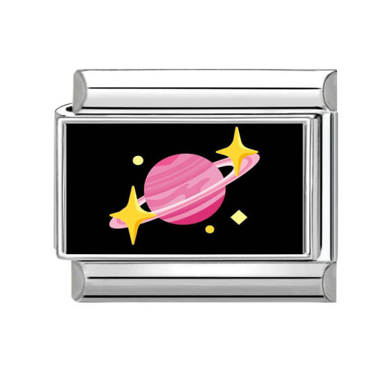 Bild von 1 Stück 304 Edelstahl Charm-Armband mit italienischen Gliedern zur Herstellung von DIY-Schmuck Großhandel Silberfarbe Rosa Rechteck Universum Planeten 10mm x 9mm