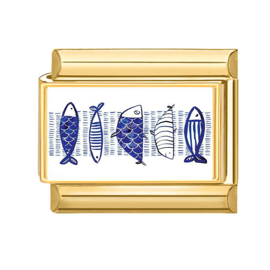 Image de 1 Pièce Bracelet à Maillons Breloques Italiens Accessories de Fabrication de Bracelets Bijoux DIY En Gros Bijoux d'Océan en 304 Acier Inoxydable Doré Bleu Rectangle Poisson 10mm x 9mm