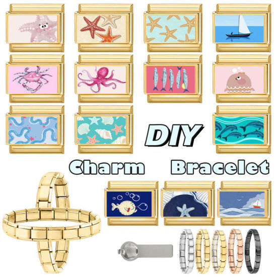 Image de 1 Pièce Bracelet à Maillons Breloques Italiens Accessories de Fabrication de Bracelets Bijoux DIY En Gros Bijoux d'Océan en 304 Acier Inoxydable Doré Bleu Rectangle Poisson 10mm x 9mm