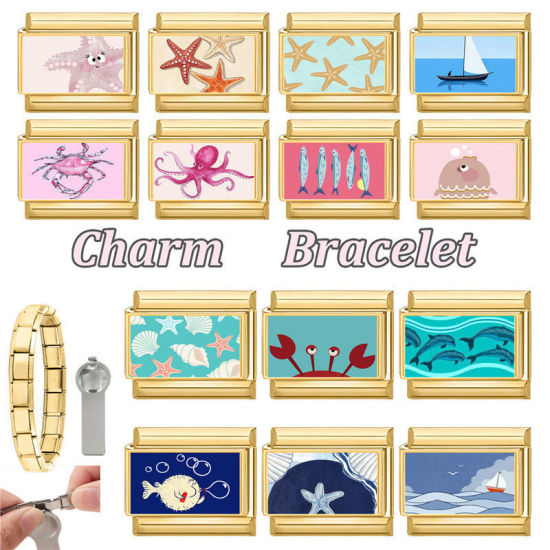 Image de 1 Pièce Bracelet à Maillons Breloques Italiens Accessories de Fabrication de Bracelets Bijoux DIY En Gros Bijoux d'Océan en 304 Acier Inoxydable Doré Bleu Rectangle Poisson 10mm x 9mm